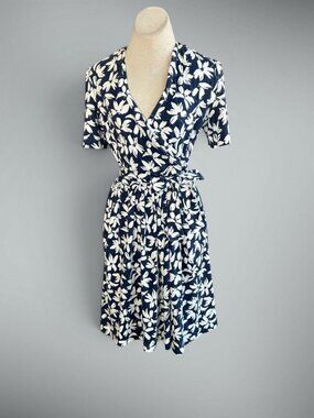Gay Boyer Blue Floral V Neck Faux Wrap Dress Size 14
